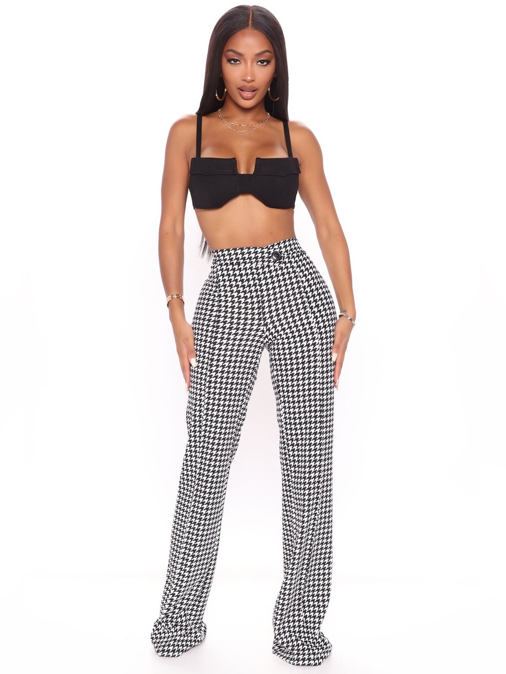 Fashion Nova Houndstooth High-Waist Wide-Leg Pants - Black & White